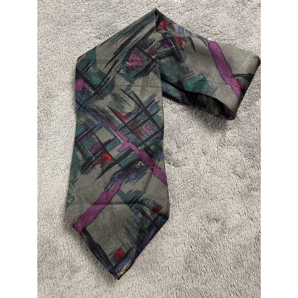 Vintage Bugatti Silk Tie 90s Abstract Art Graphic Gray‎ Purple Green